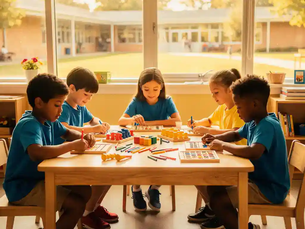 Diverse kinderen werken samen aan een houten tafel in een lichte klas met adaptief leermateriaal en kleurrijke tactiele hulpmiddelen.