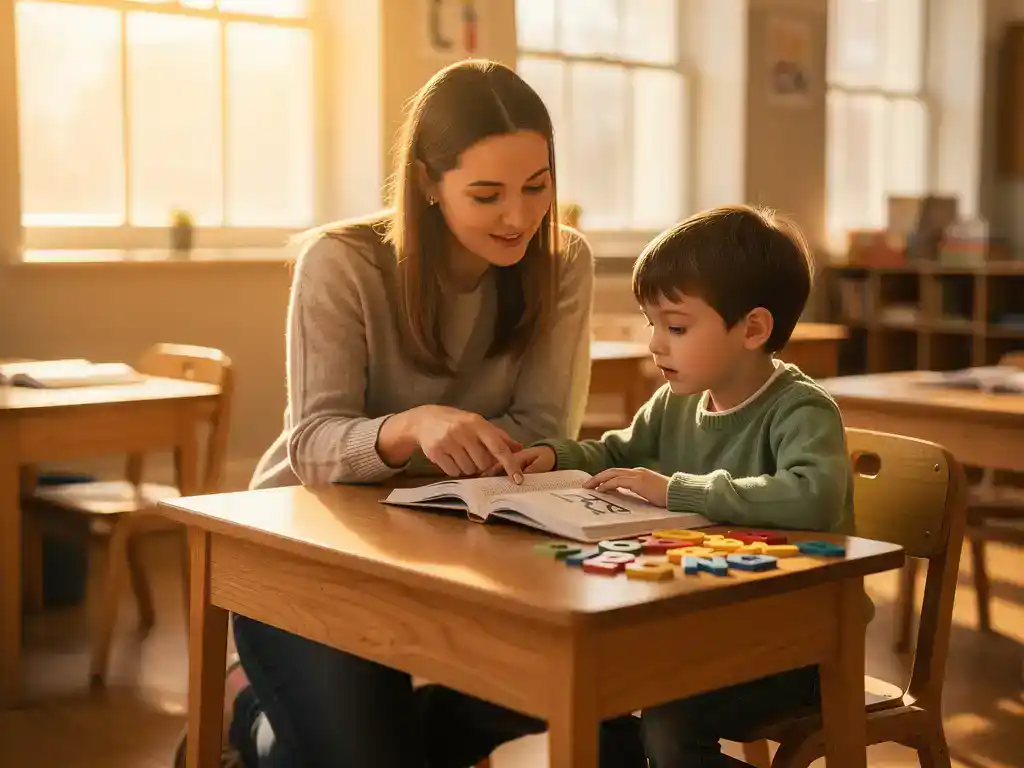 Leraar knielt naast jong kind aan houten schoolbank en wijst naar grootgedrukte tekst in open boek, kleurrijke leermaterialen op de voorgrond.