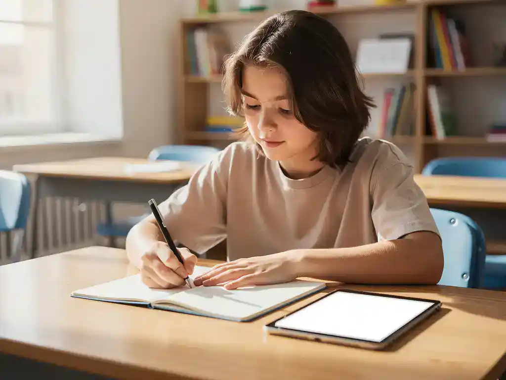 Jonge leerling schrijft in notitieboek aan houten schoolbureau met oplichtende tablet, zonnig modern klaslokaal op de achtergrond.