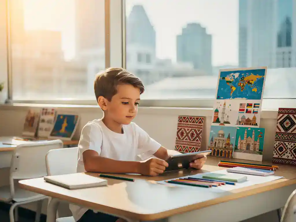 Jonge student met tablet aan moderne schoolbank, omringd door culturele leermaterialen, stadssilhouet zichtbaar door zonnig raam.