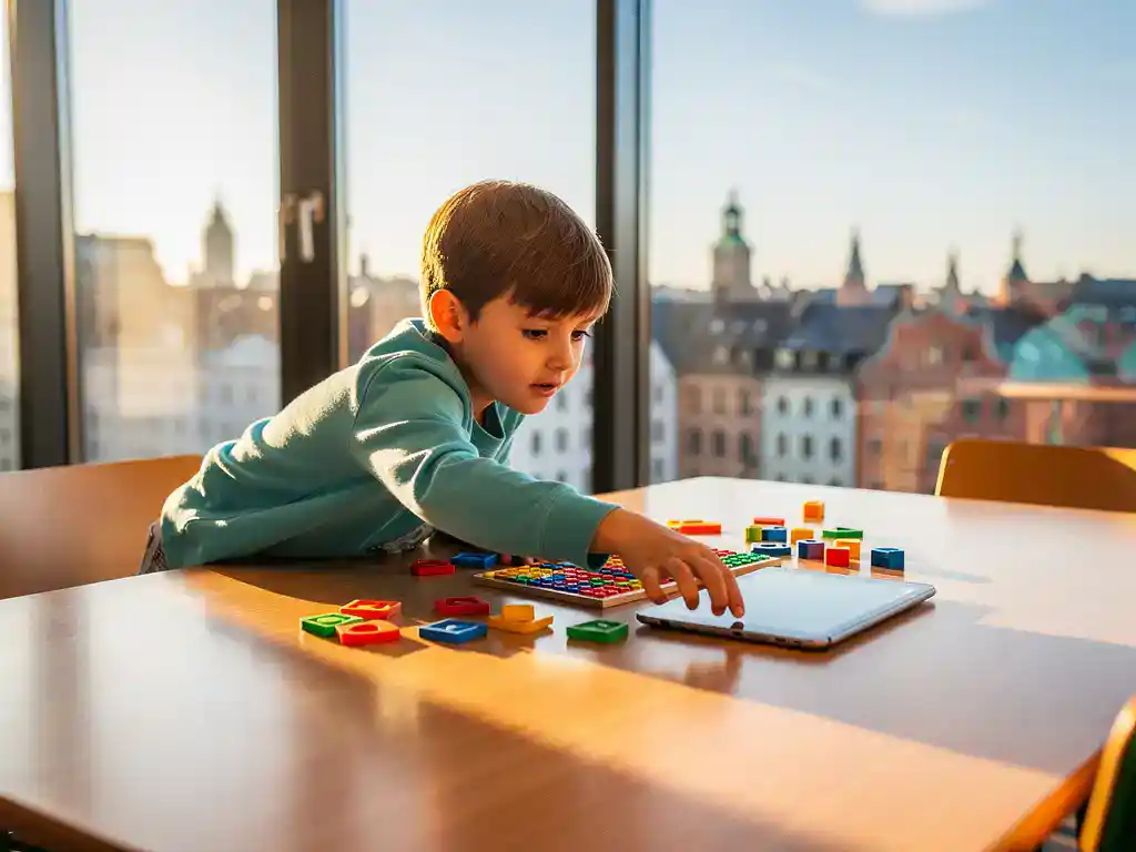Nieuwsgierige leerling leunend over houten bureau met tablet en kleurrijke leermaterialen, groot raam met Noord-Europese skyline op de achtergrond.