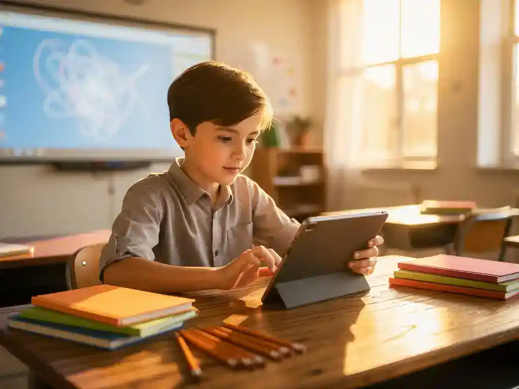 Leerling gebruikt tablet aan houten schoolbank met kleurrijke notitieboekjes en potloden, interactief whiteboard op achtergrond.