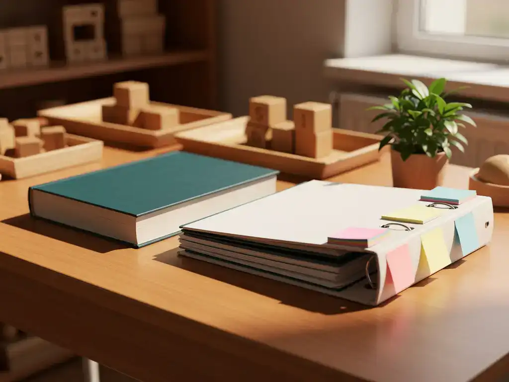 Schoolbank met studieboek, activiteitenmap en gepersonaliseerde ringband met sticky notes, omringd door houten leermaterialen en een kleine plant in warm natuurlijk licht.