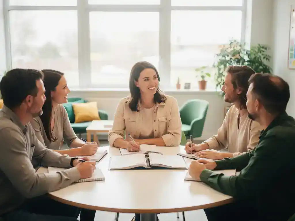 Leraar leidt collegiale training rond een ronde tafel in een lichte personeelskamer, met open notitieboeken en een gedeelde map.
