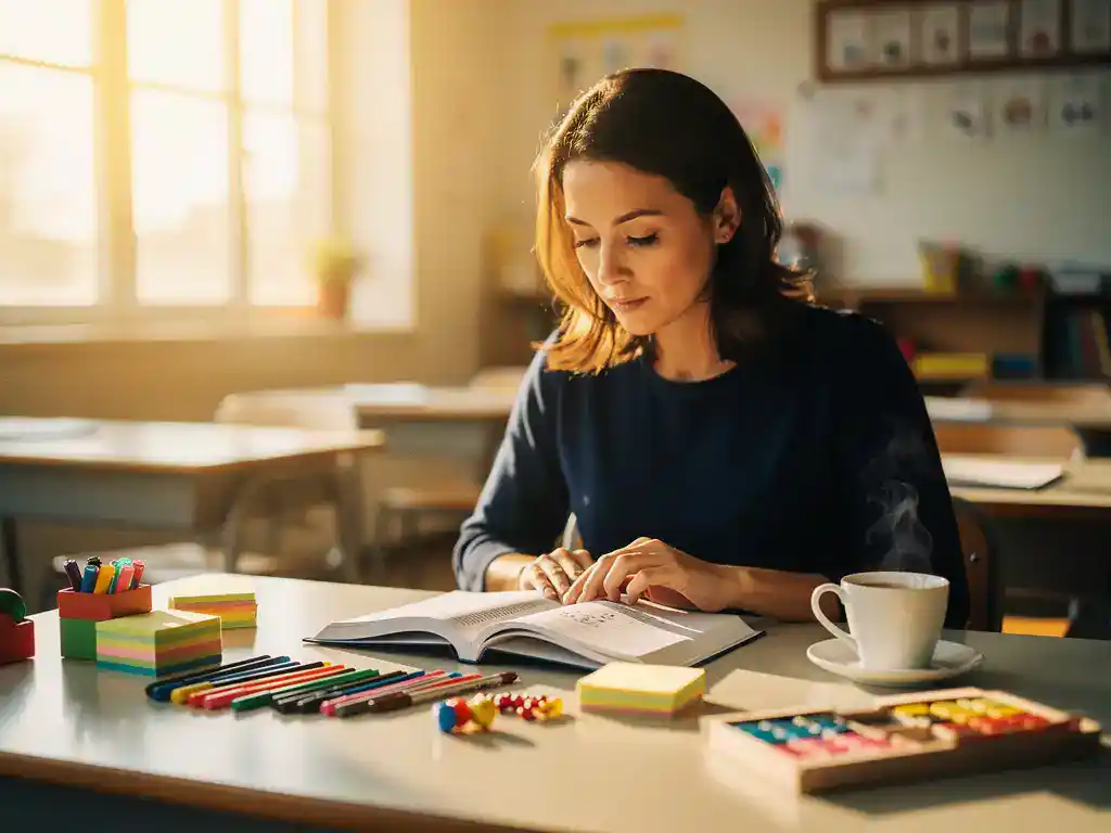 Leraar bestudeert certificeringsboekje aan klaslokaalbureau met koffie en lesmateriaal in warm middaglicht.