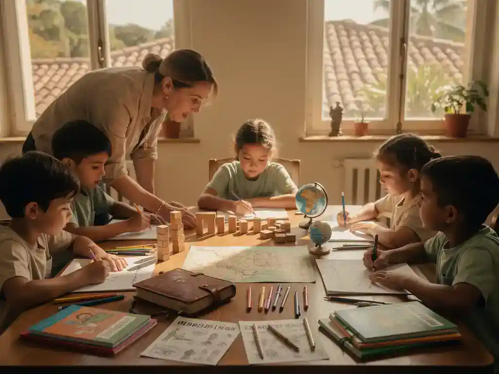 Onderwijzer leunt over houten tafel terwijl diverse kinderen werken met lesmaterialen in een internationaal klaslokaal met warm zonlicht.