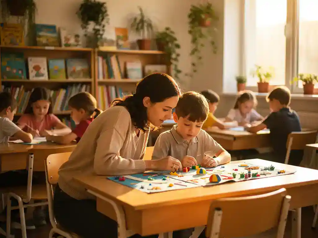 Leraar knielt naast leerling aan houten bureau om kleurrijk project te bekijken in zonnig basisschoollokaal.