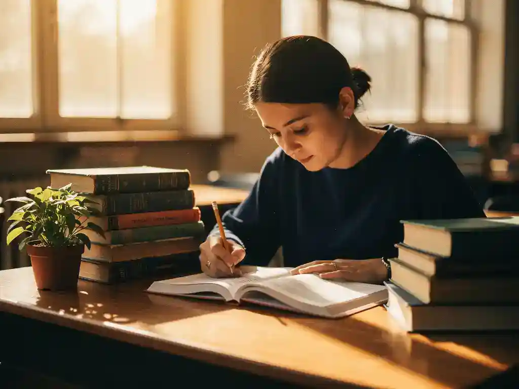 Leraar die aantekeningen maakt in een onderzoekstijdschrift aan een houten bureau, omringd door stapels boeken en een plant in warm middaglicht.