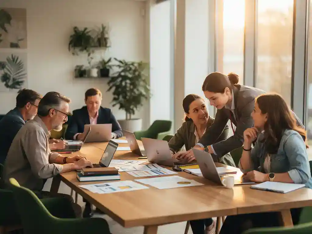 Diverse leraren rond een eiken tafel in een lichte personeelskamer, één leerkracht ontvangt coaching terwijl collega's samenwerken aan lesmateriaal.