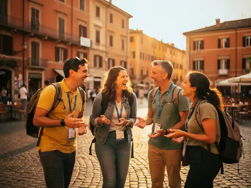 Lachende leraren met rugzakken en lanyards op een zonnig Europees plein met kasseien en terracotta gevels.
