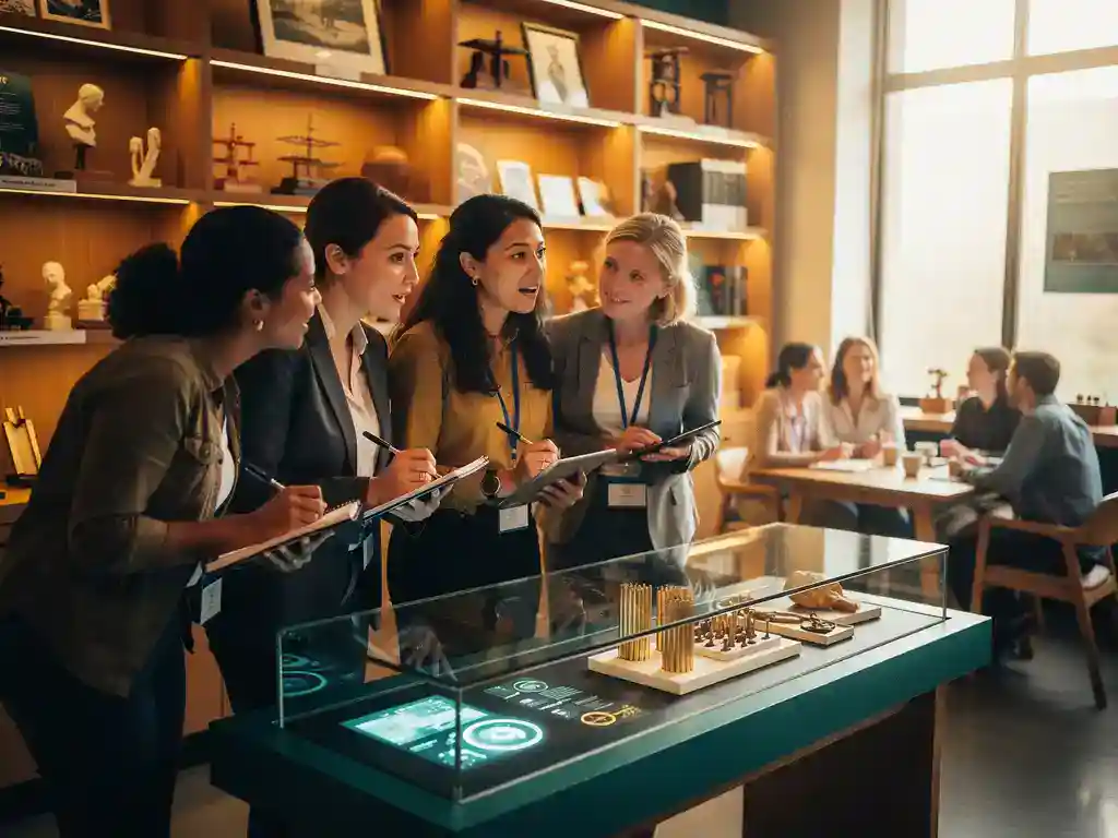 Leraren verkennen interactief museumexhibitie met notitieboeken, collega's op de achtergrond aan cafétafel, warm natuurlijk licht.