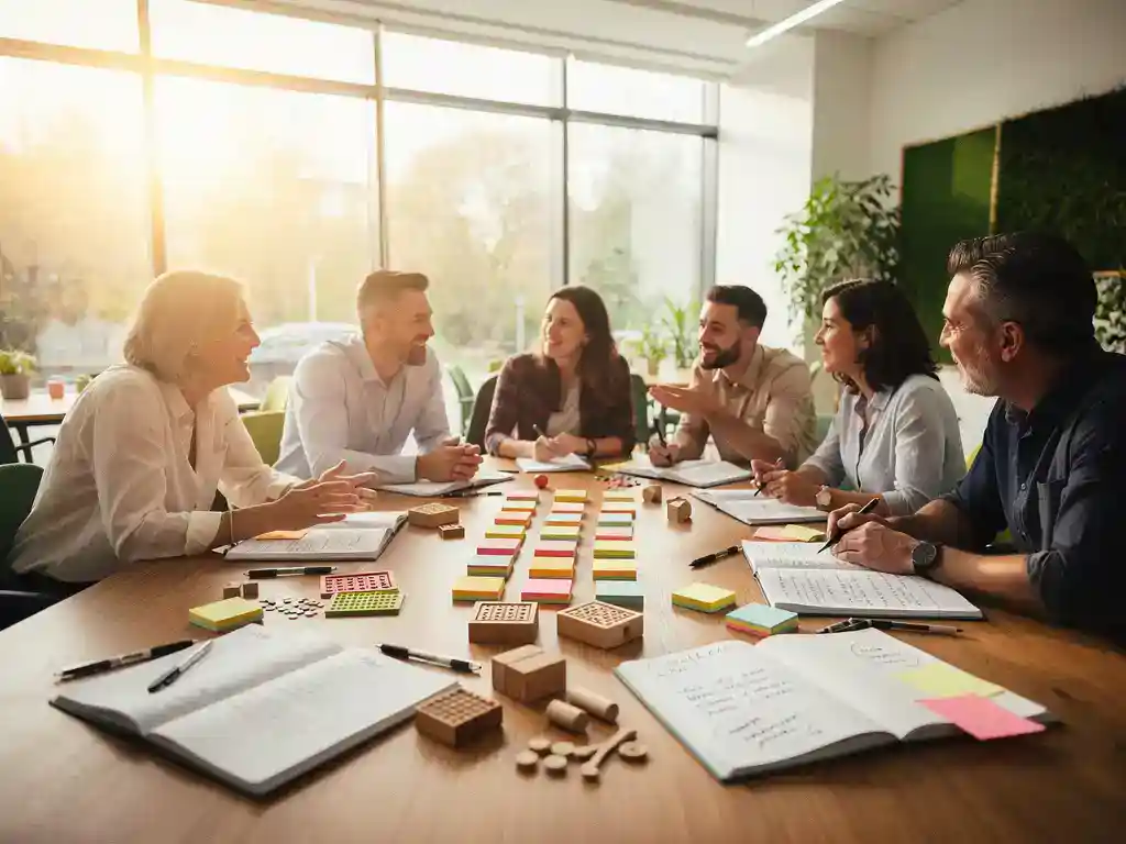 Leraren rond een houten tafel met kleurrijke sticky notes en leermateriaal tijdens een collaboratieve vergadering in een lichte schoolruimte.