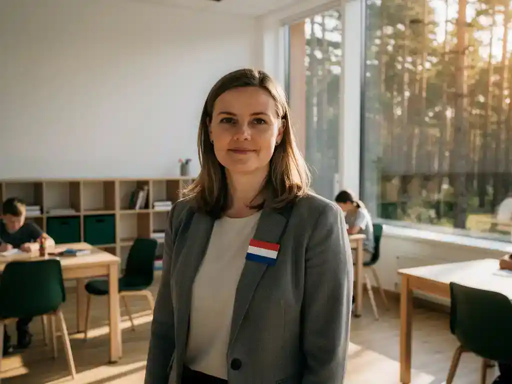 Nederlandse lerares in modern Ests klaslokaal met houten meubels en grote ramen met uitzicht op een dennenbos, ochtendlicht.