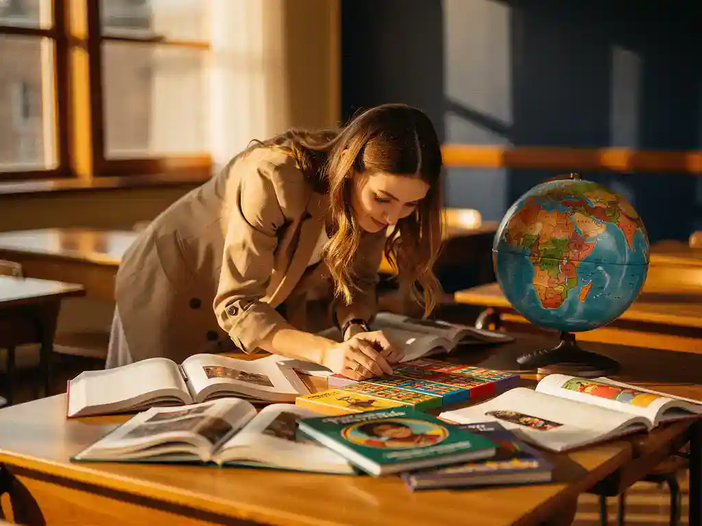 Nieuwsgierige leraar leunt over een zonnig klaslokaalbureau met open boeken, cultureel educatief materiaal en een wereldbol.