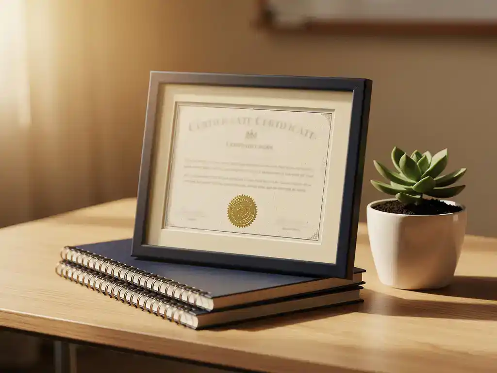 Ingelijst officieel certificaat met gouden zegel leunend tegen spiraalgebonden notitieboeken op een houten bureau, met een klein vetplantje ernaast.