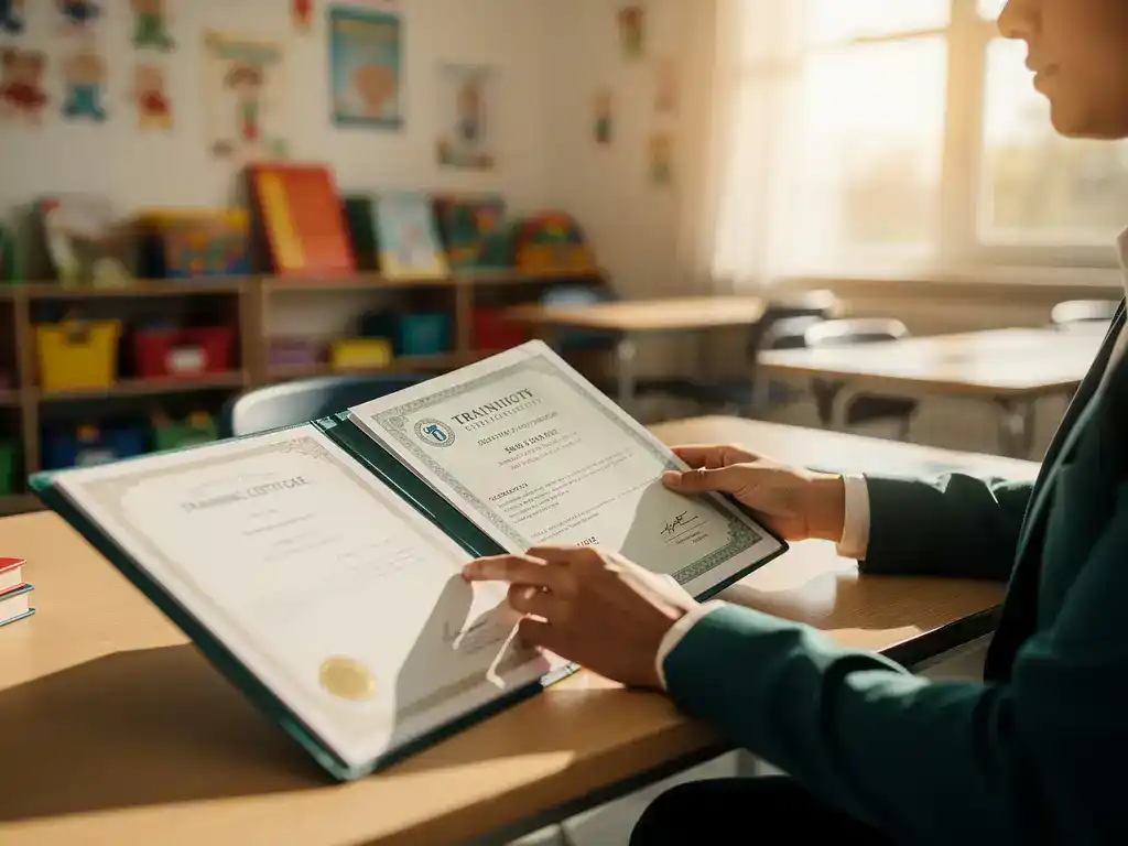 Leraar bekijkt geordende map met trainingscertificaten en budgetdocumenten op klaslokaalbureau, kleurrijk lesmateriaal op achtergrond.
