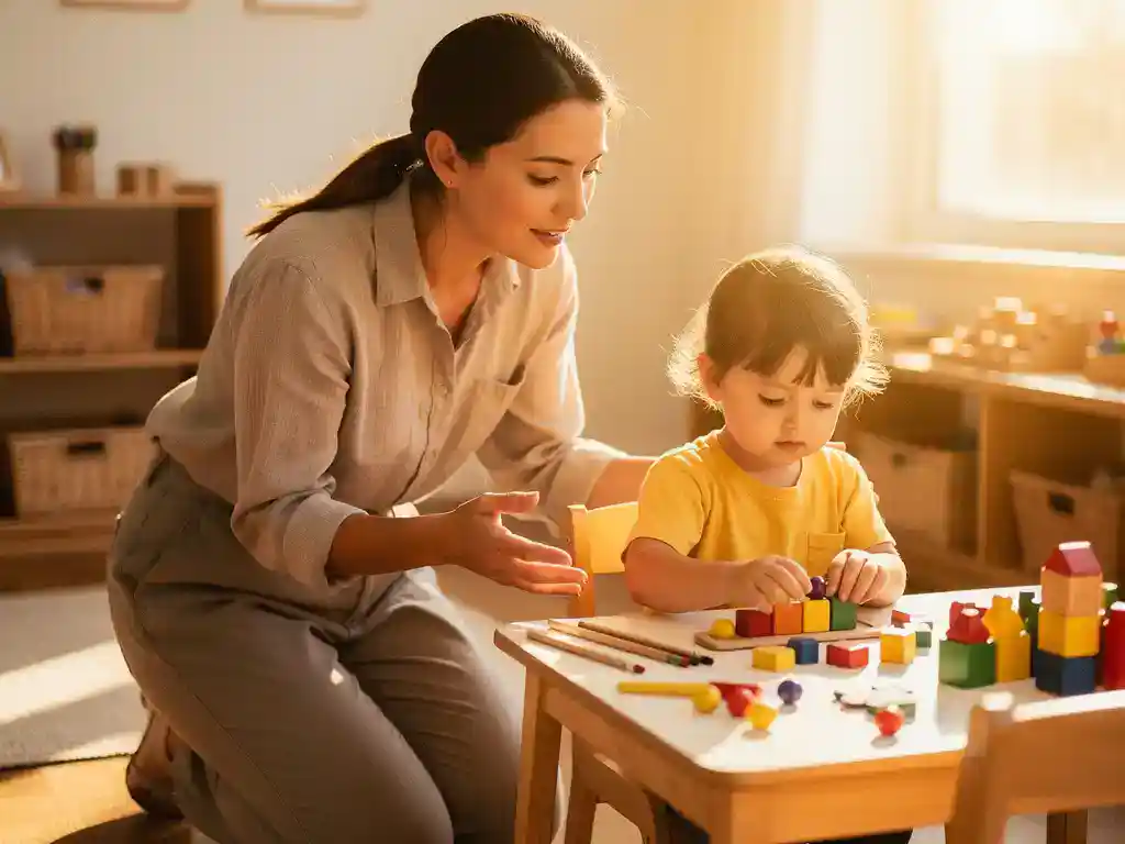 Pedagogisch coach knielt naast jong kind tijdens creatief spel in lichte kinderopvang met houten meubels en leermateriaal.