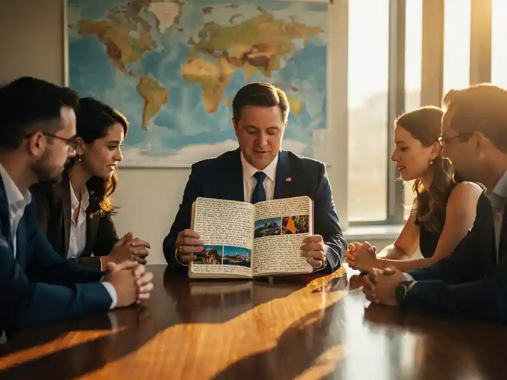 Schooldirecteur toont open reisdagboek met handgeschreven notities en foto's aan collega's rond houten vergadertafel, wereldkaart op achtergrond.