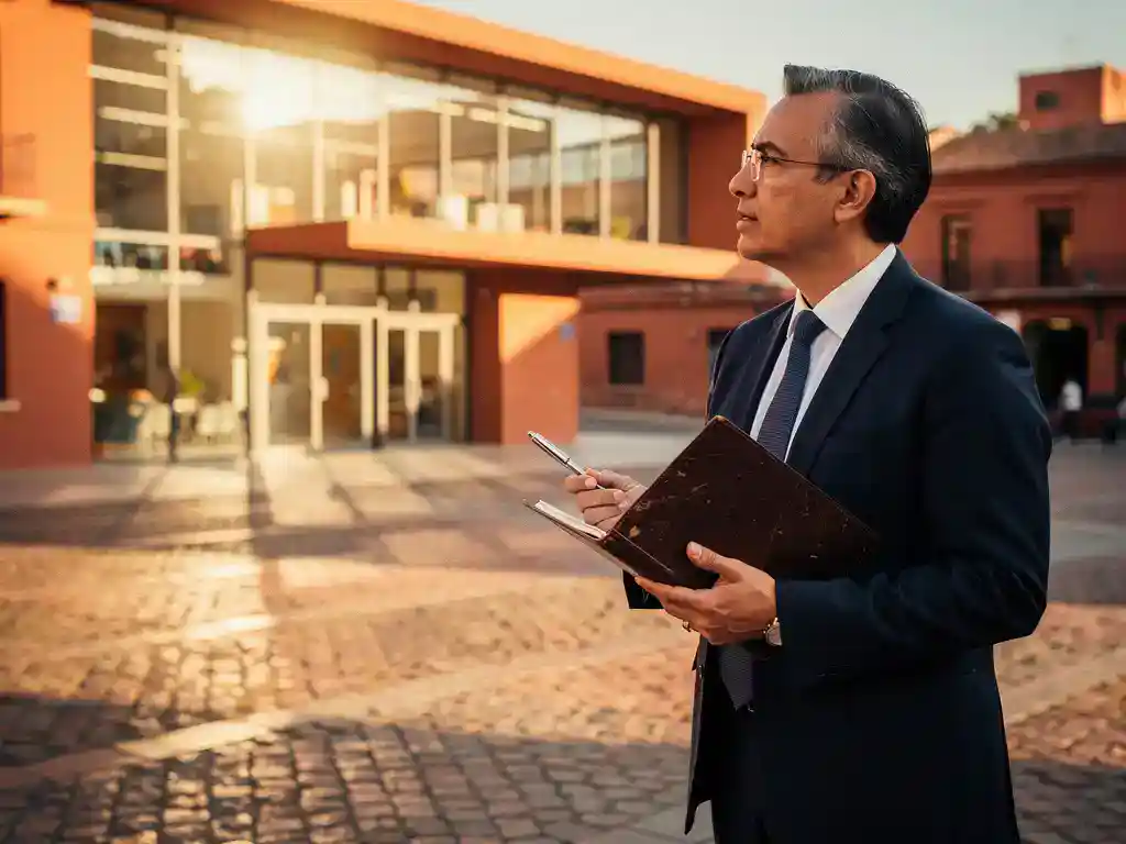 Schooldirecteur met leren notitieboek observeert innovatief schoolgebouw op een kleurrijk buitenlands stadsplein in warm middaglicht.