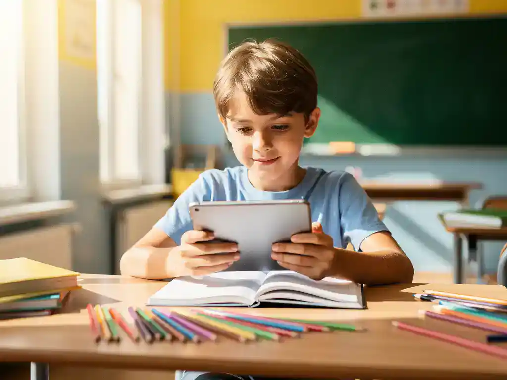 Jonge leerling gebruikt zelfverzekerd een tablet aan een verlicht klaslokaalbureau met kleurrijke potloden en een open notitieboek.