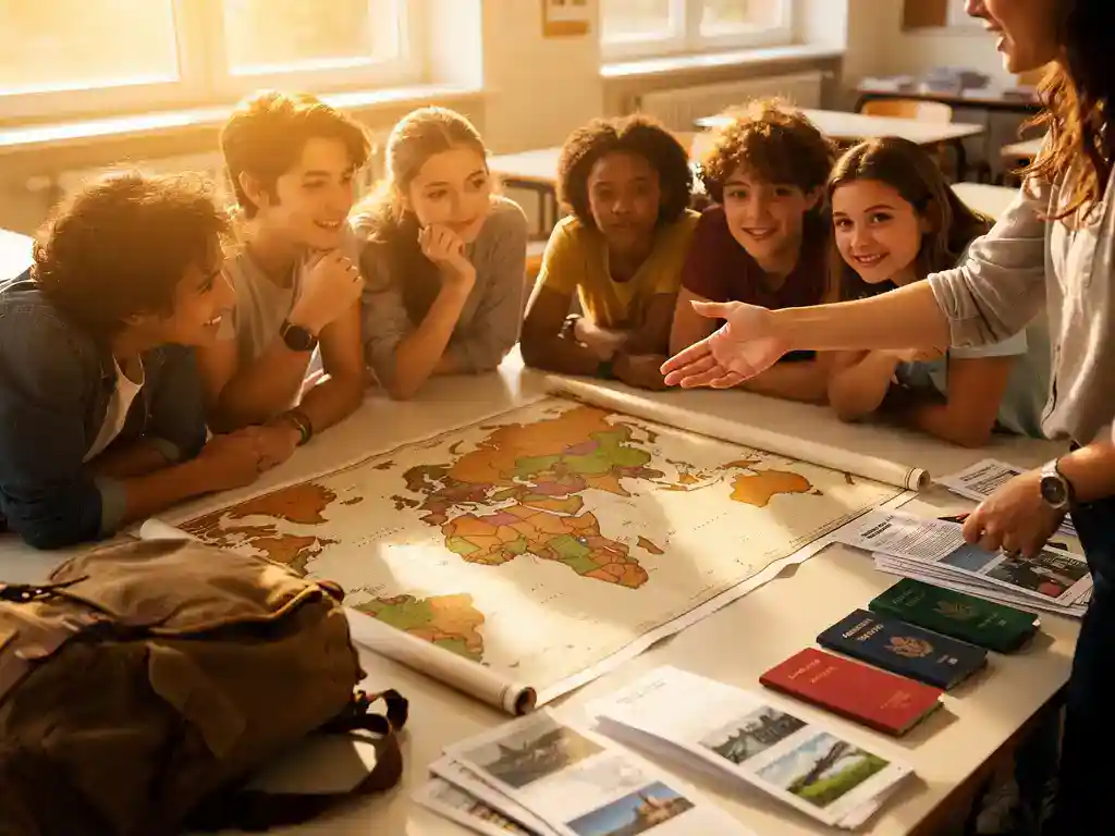 Leerlingen en leraar bestuderen een wereldkaart met reisdocumenten en paspoorten op een verlicht klaslokaalbureau.