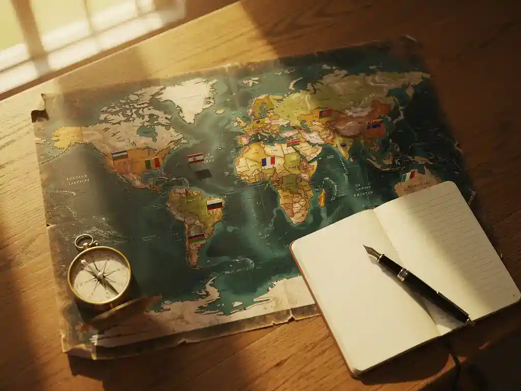 Verouderde wereldkaart op een eikenhouten schoolbureau met vintage kompas, landenvlagpinnen en open notitieboek in warm middaglicht.