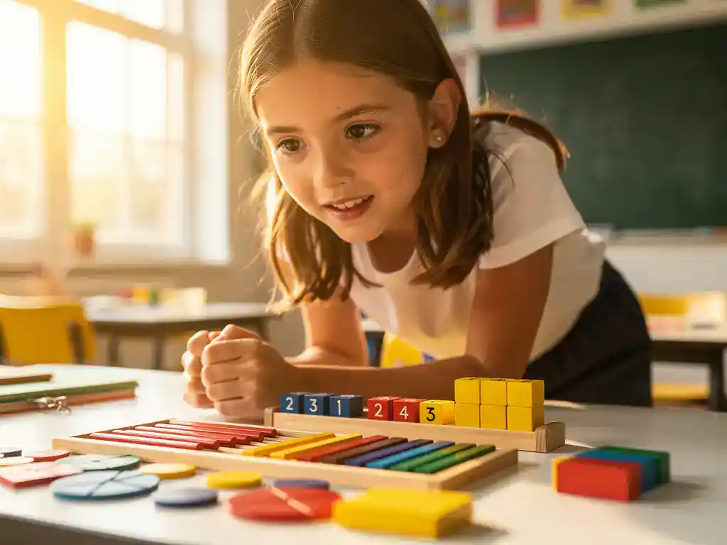 Basisschoolleraar buigt zich over kleurrijke rekenblokken, getalstaven en breuktegels op een zonnige klassentafel.